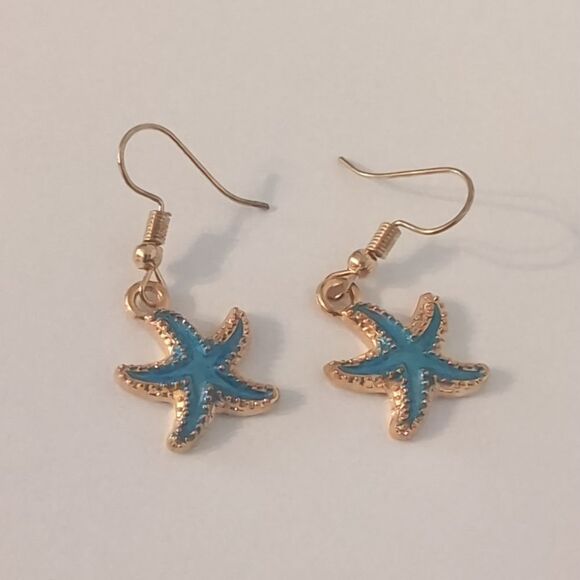 Gold Starfish Painted Blue Dangle‎ Earrings - Picture 1 of 4